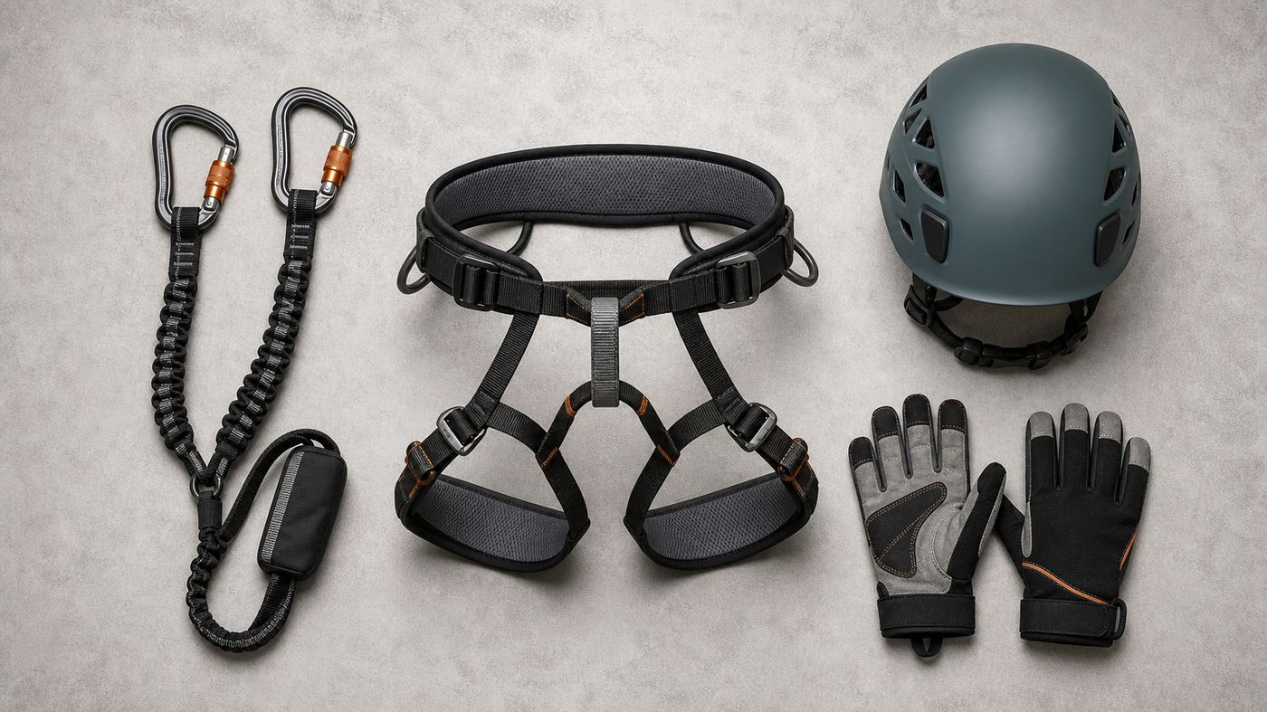 Via ferrata equipment layout with helmet, harness, gloves and lanyard set